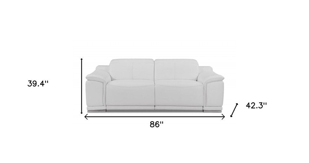 86" Camel Italian Leather USB Reclining Sofa With Silver Legs