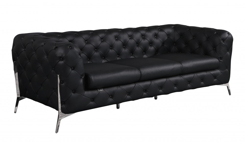 93" White Italian Leather Chesterfield Sofa With Silver Legs on a white background