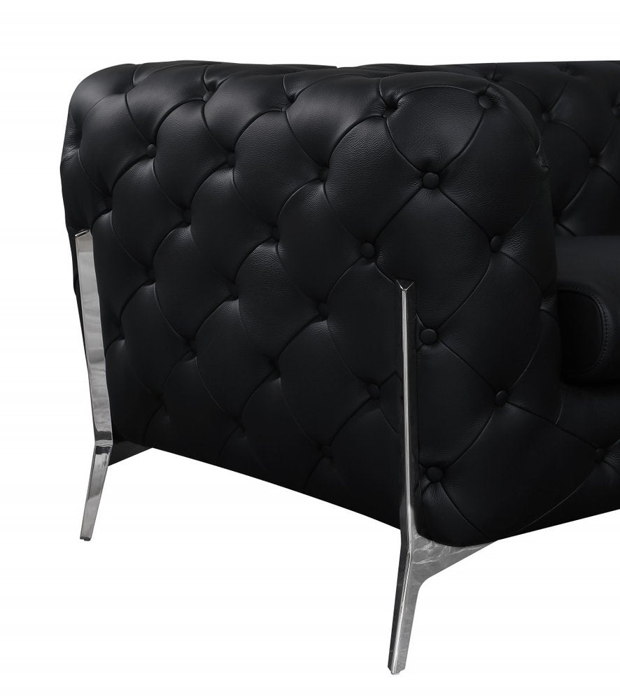 93" White Italian Leather Chesterfield Sofa With Silver Legs on a white background