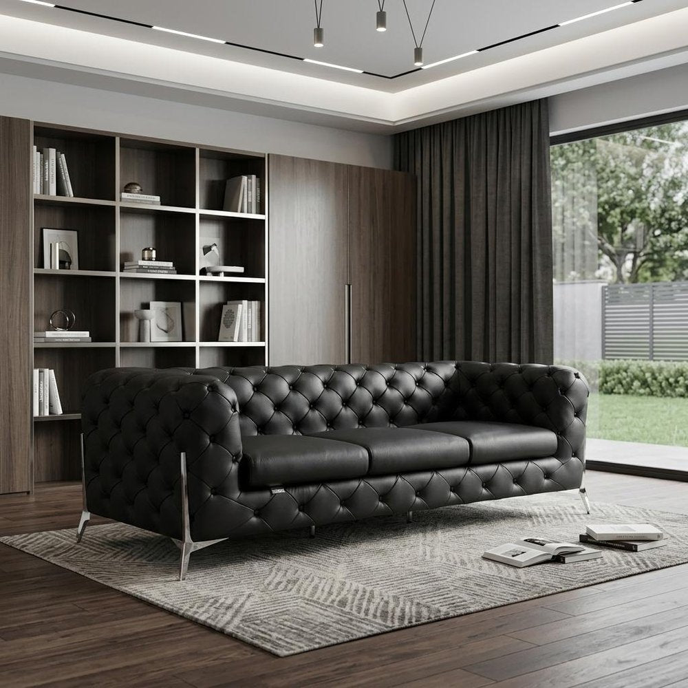 93" White Italian Leather Chesterfield Sofa With Silver Legs in a home interior