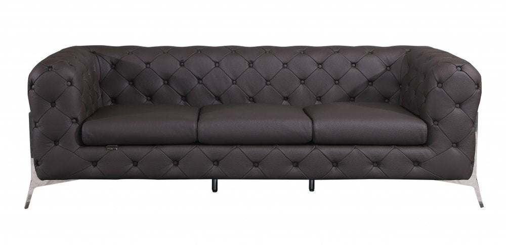 93" Black Italian Leather Chesterfield Sofa With Silver Legs