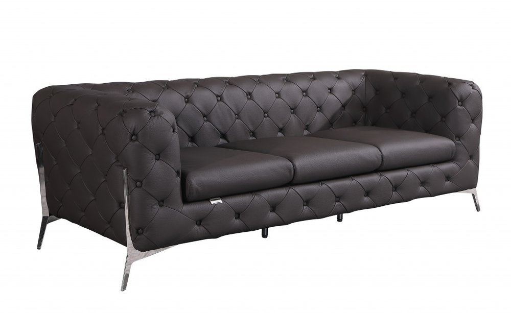 93" White Italian Leather Chesterfield Sofa With Silver Legs on a white background
