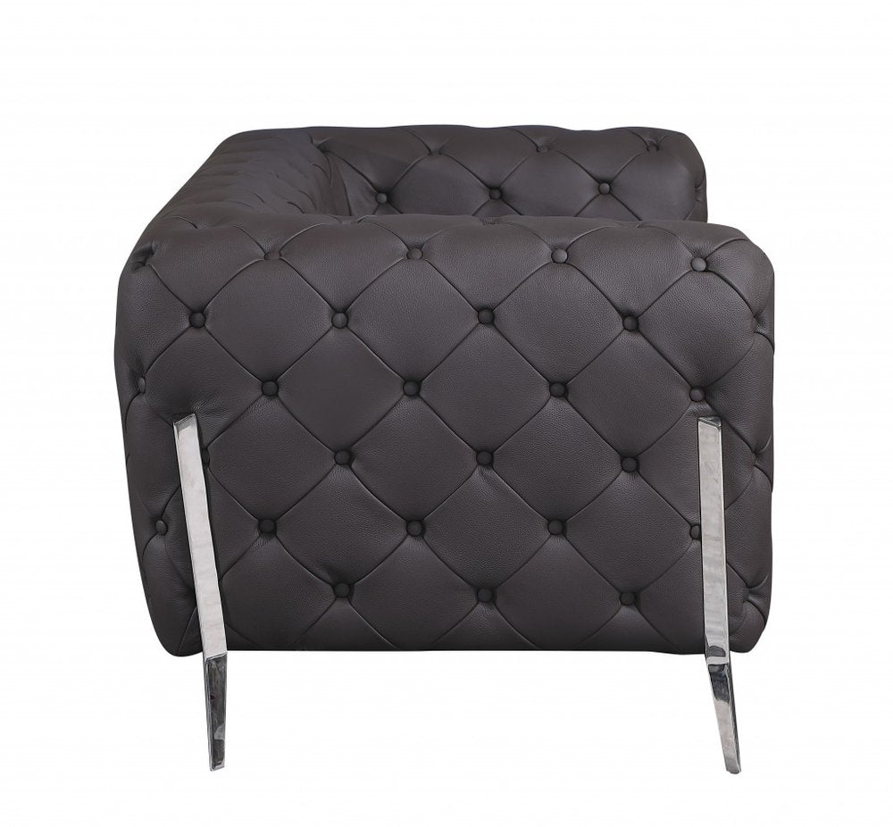 93" White Italian Leather Chesterfield Sofa With Silver Legs on a white background