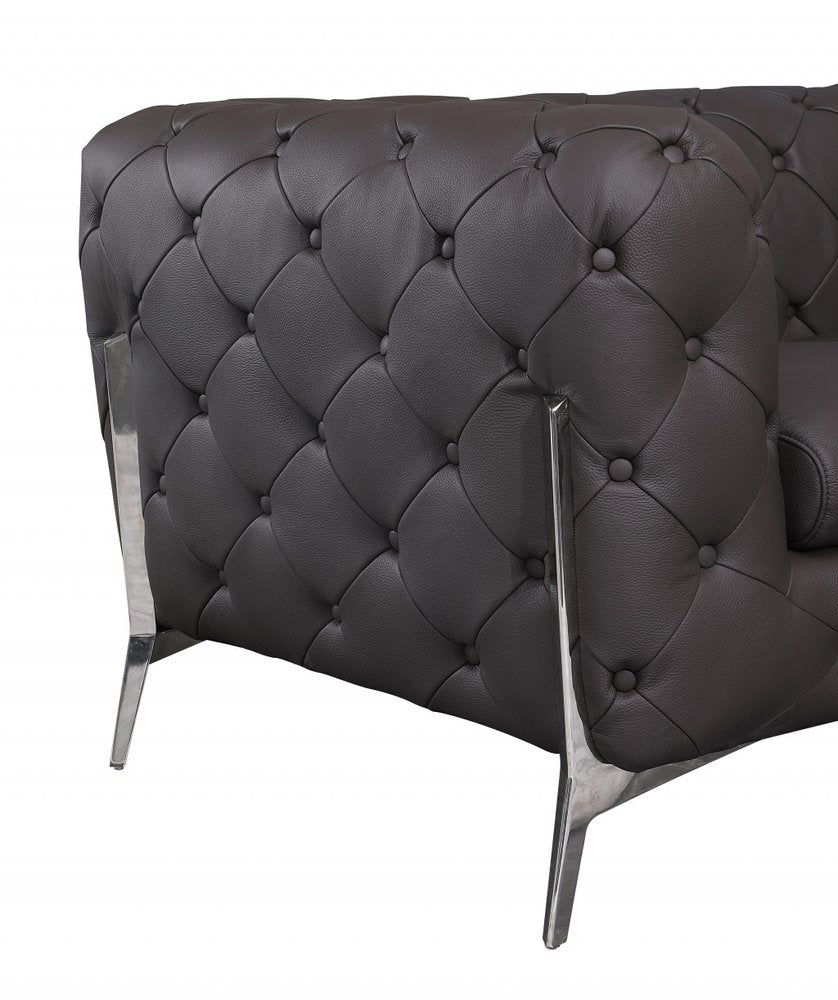 93" White Italian Leather Chesterfield Sofa With Silver Legs on a white background