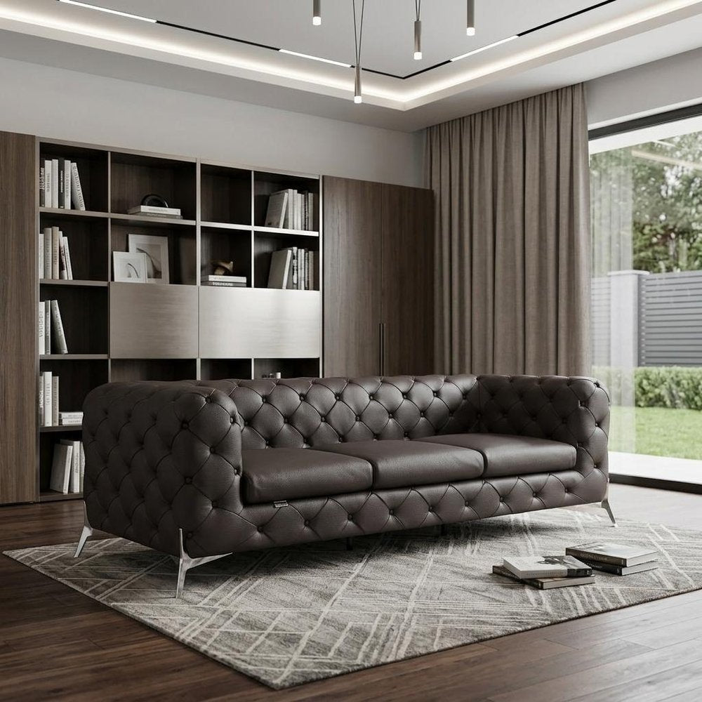 93" White Italian Leather Chesterfield Sofa With Silver Legs in a home interior