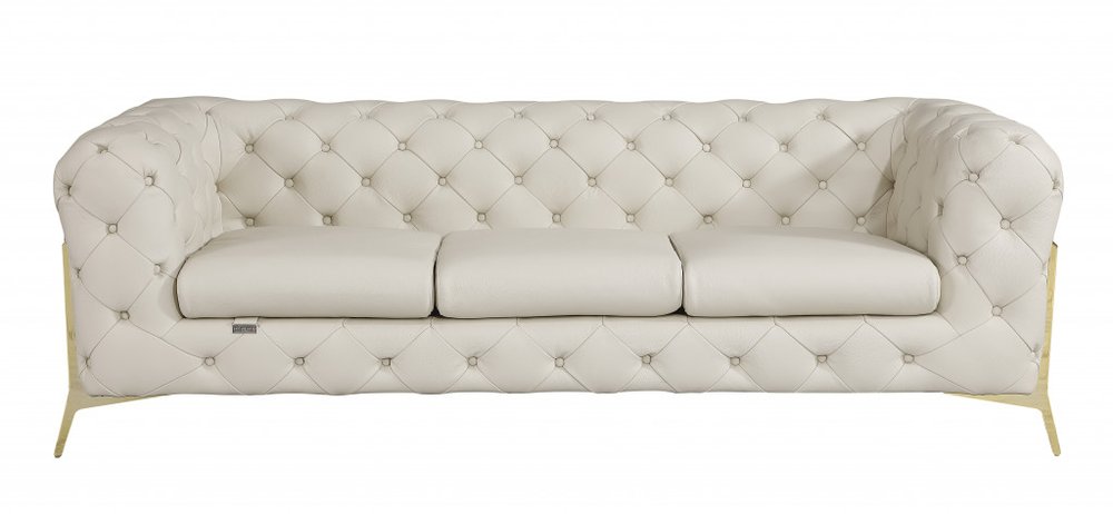 93" White Italian Leather Chesterfield Sofa With Silver Legs on a white background