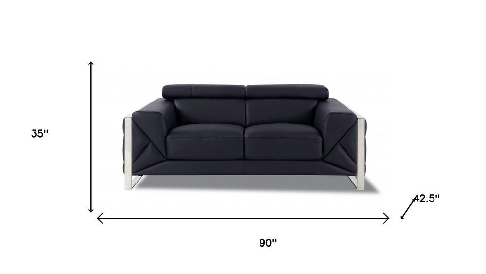 Two Piece Indoor Black Italian Leather Five Person Seating Set