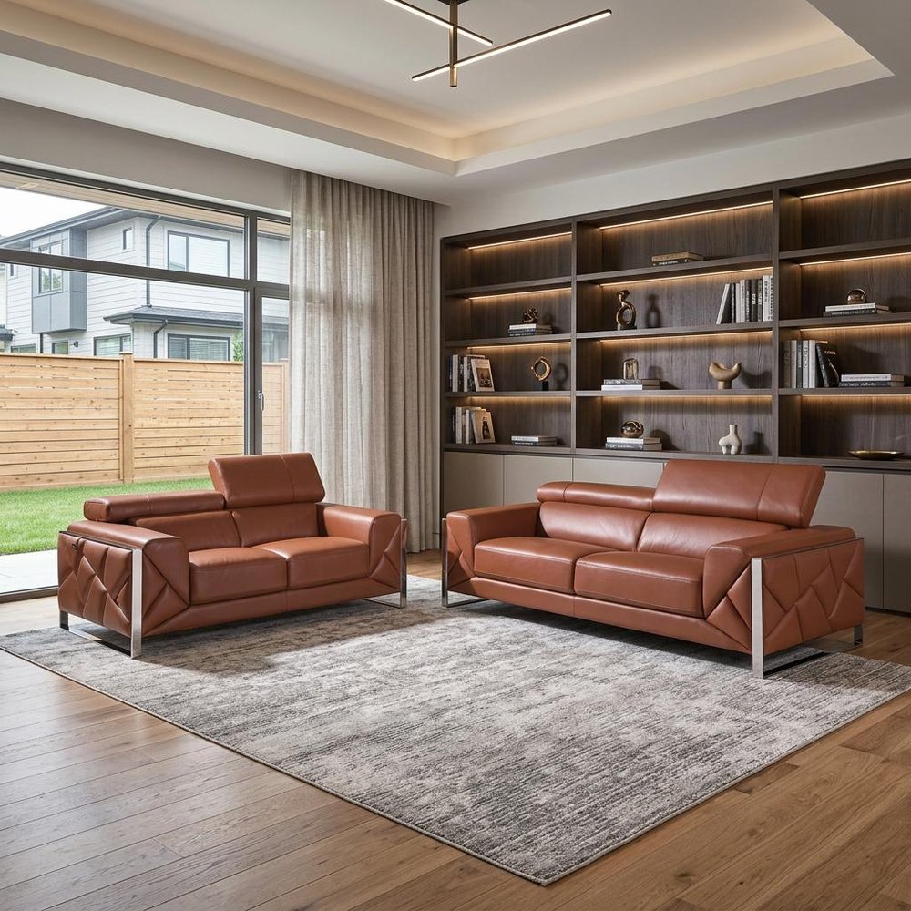 Two Piece Indoor Camel Italian Leather Five Person Seating Set in a home interior