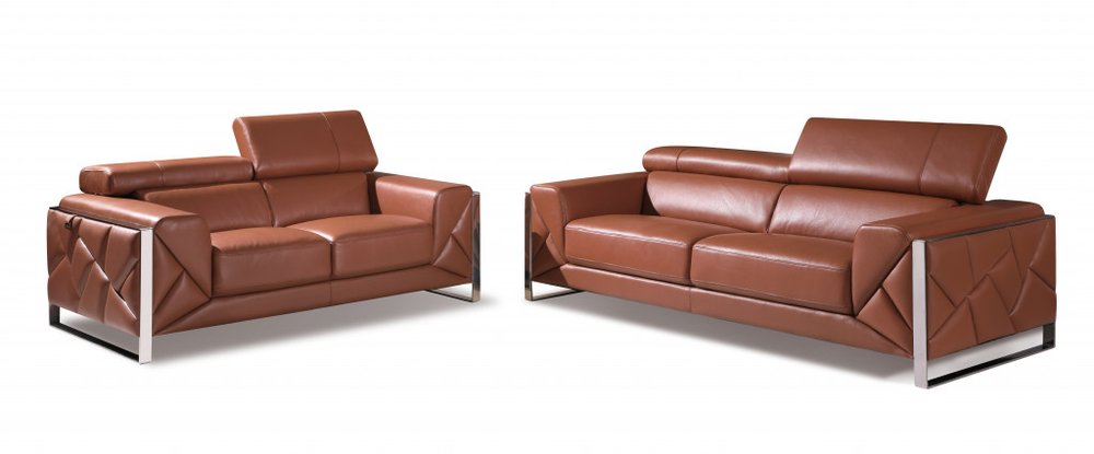 Two Piece Indoor Camel Italian Leather Five Person Seating Set on a white background