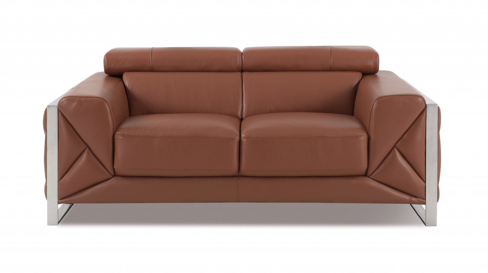 Two Piece Indoor Camel Italian Leather Five Person Seating Set on a white background