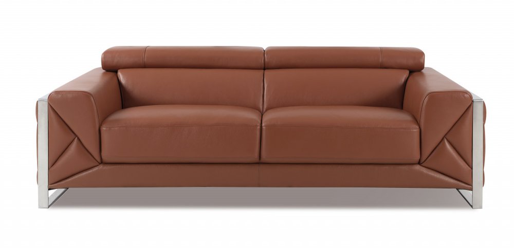 Two Piece Indoor Camel Italian Leather Five Person Seating Set on a white background