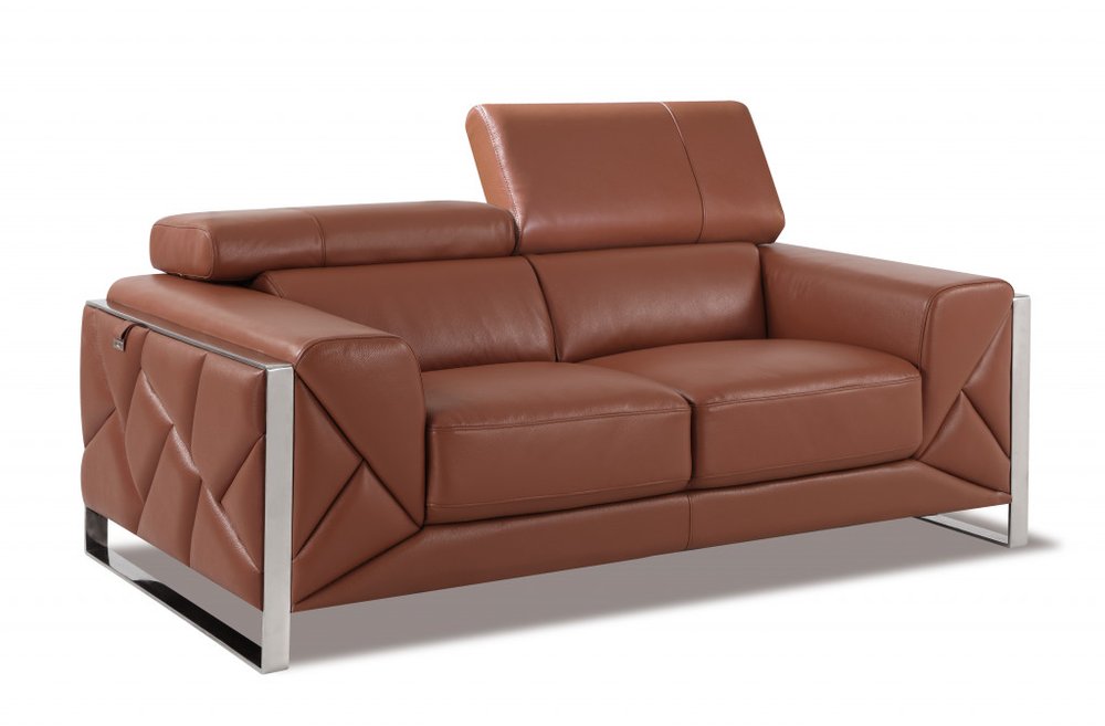Two Piece Indoor Camel Italian Leather Five Person Seating Set on a white background