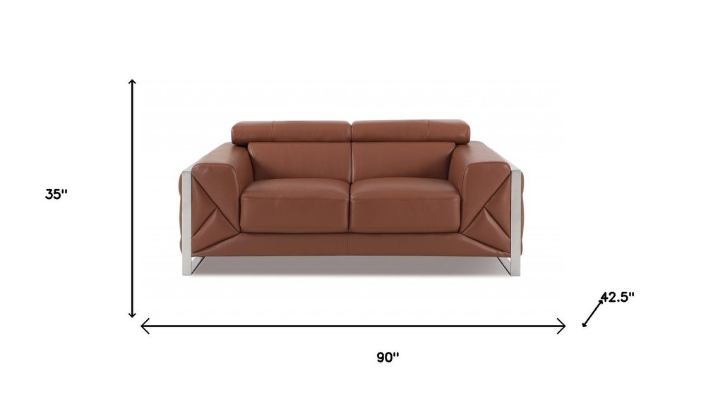Two Piece Indoor Camel Italian Leather Five Person Seating Set on a white background