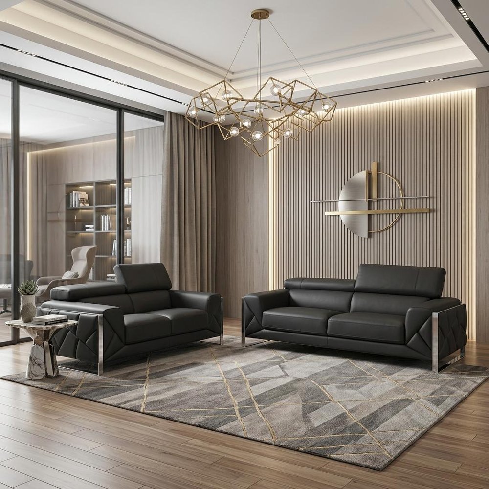 Two Piece Indoor Dark Gray Italian Leather Five Person Seating Set in a home interior