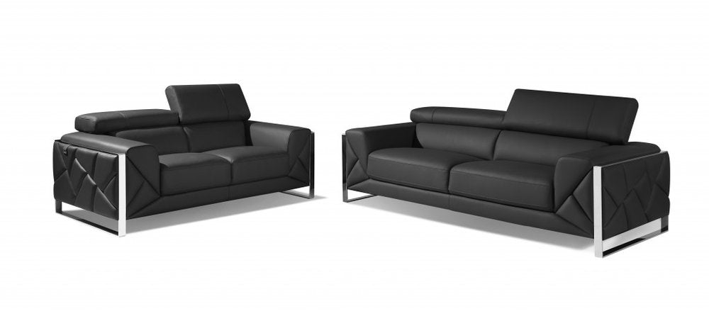 Two Piece Indoor Dark Gray Italian Leather Five Person Seating Set on a white background