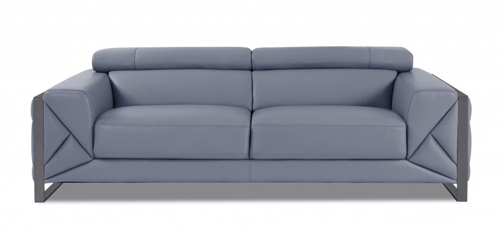 Two Piece Indoor Light Blue Italian Leather Five Person Seating Set on a white background