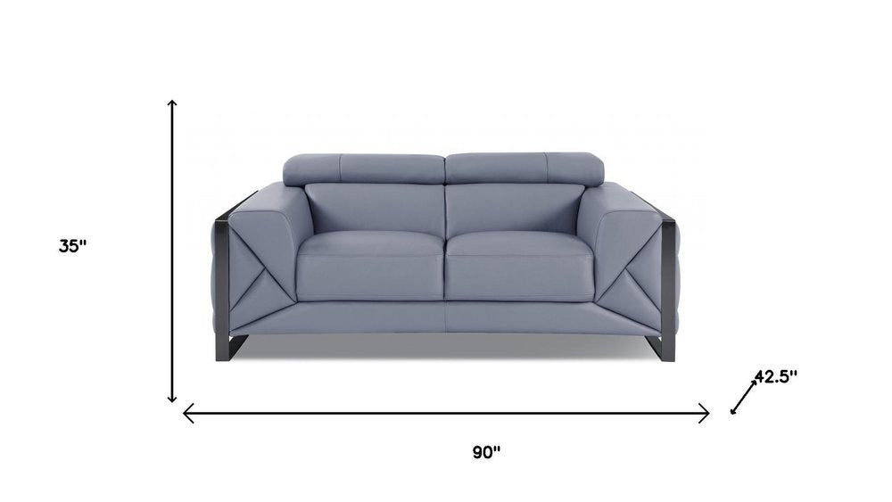 Two Piece Indoor Light Blue Italian Leather Five Person Seating Set on a white background