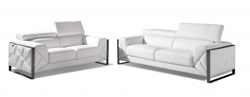 Two Piece Indoor White Italian Leather Five Person Seating Set - 35" H x 90" W x 42.5" D on a white background