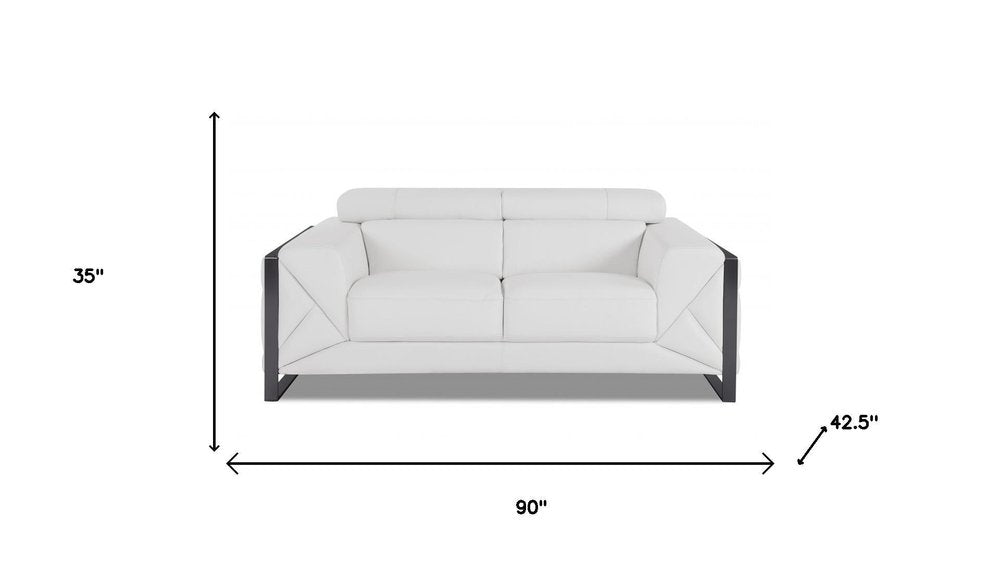 Two Piece Indoor White Italian Leather Five Person Seating Set - 35" H x 90" W x 42.5" D on a white background
