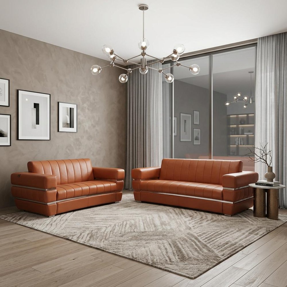 Two Piece Indoor Camel Italian Leather Five Person Seating Set - 35" H x 89" W x 43.3" D