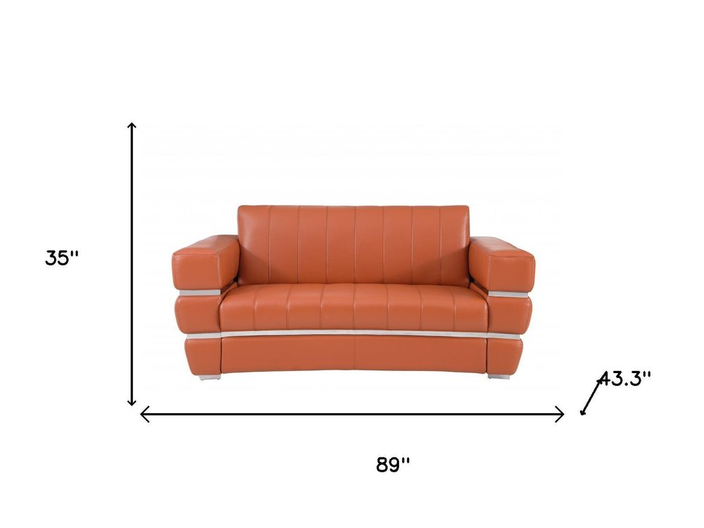 Two Piece Indoor Camel Italian Leather Five Person Seating Set - 35" H x 89" W x 43.3" D on a white background