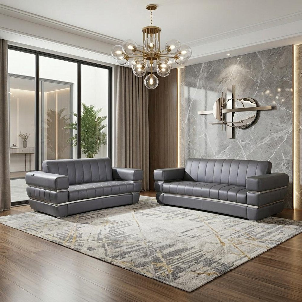 Two Piece Indoor Dark Gray Italian Leather Five Person Seating Set - 35" H x 89" W x 43.3" D in a home interior