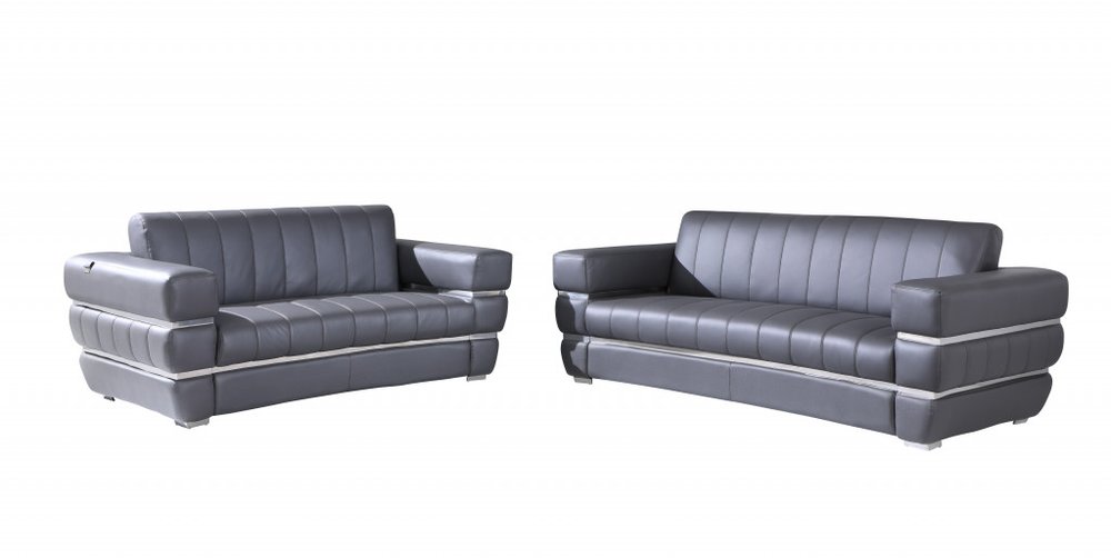 Two Piece Indoor Dark Gray Italian Leather Five Person Seating Set - 35" H x 89" W x 43.3" D on a white background