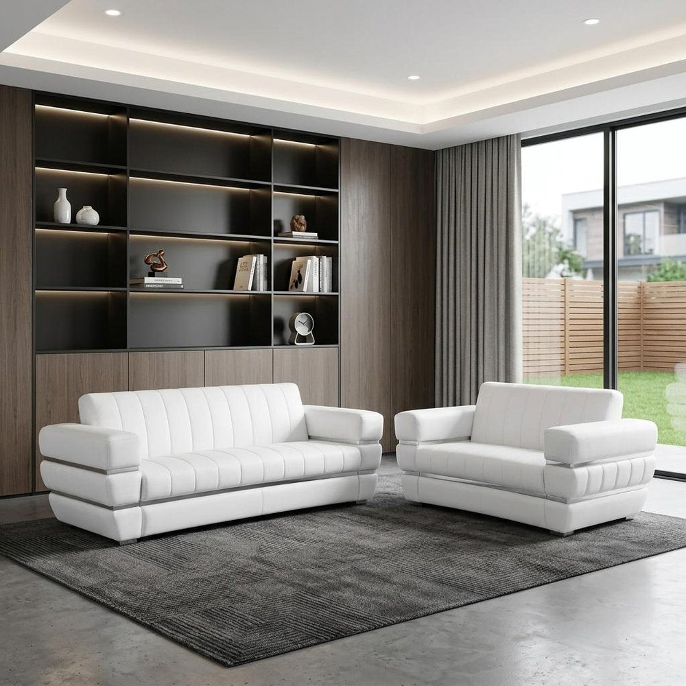 Two Piece Indoor White Italian Leather Five Person Seating Set - 35" H x 89" W x 43.3" D