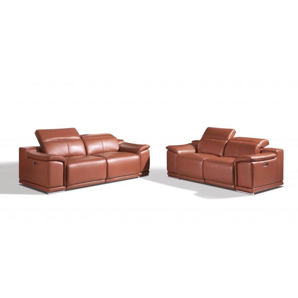 Two Piece Indoor Camel Italian Leather Five Person Seating Set - 39.4" H x 85.8" W x 42.3" D