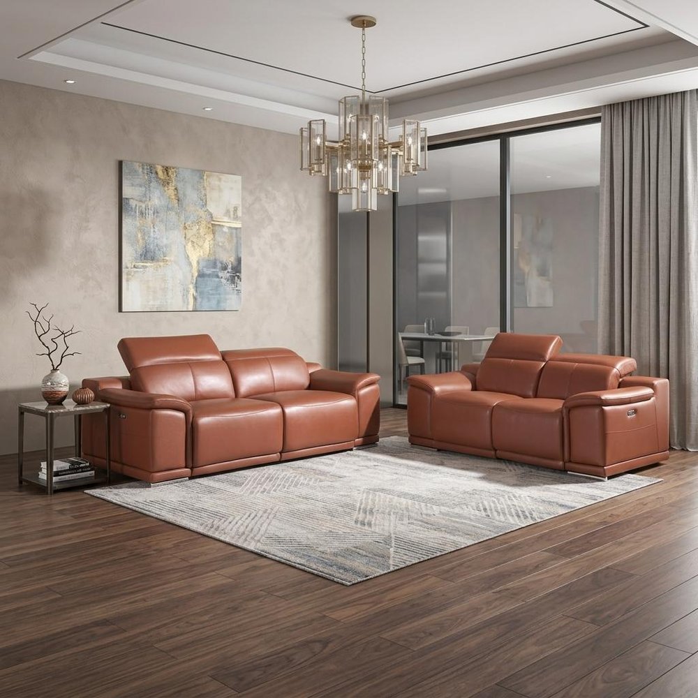 Two Piece Indoor Camel Italian Leather Five Person Seating Set in a home interior
