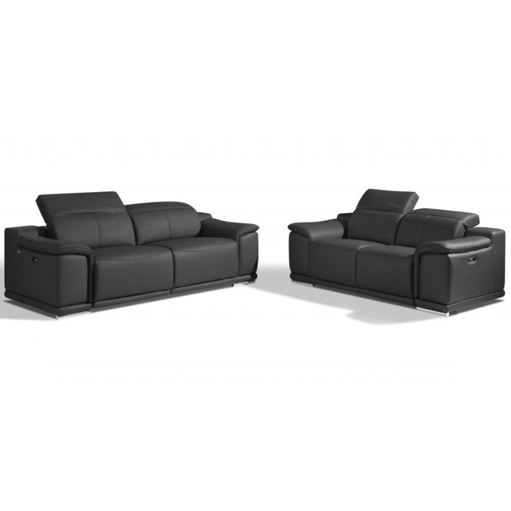 Two Piece Indoor Dark Gray Italian Leather Five Person Seating Set - 39.4" H x 85.8" W x 42.3" D