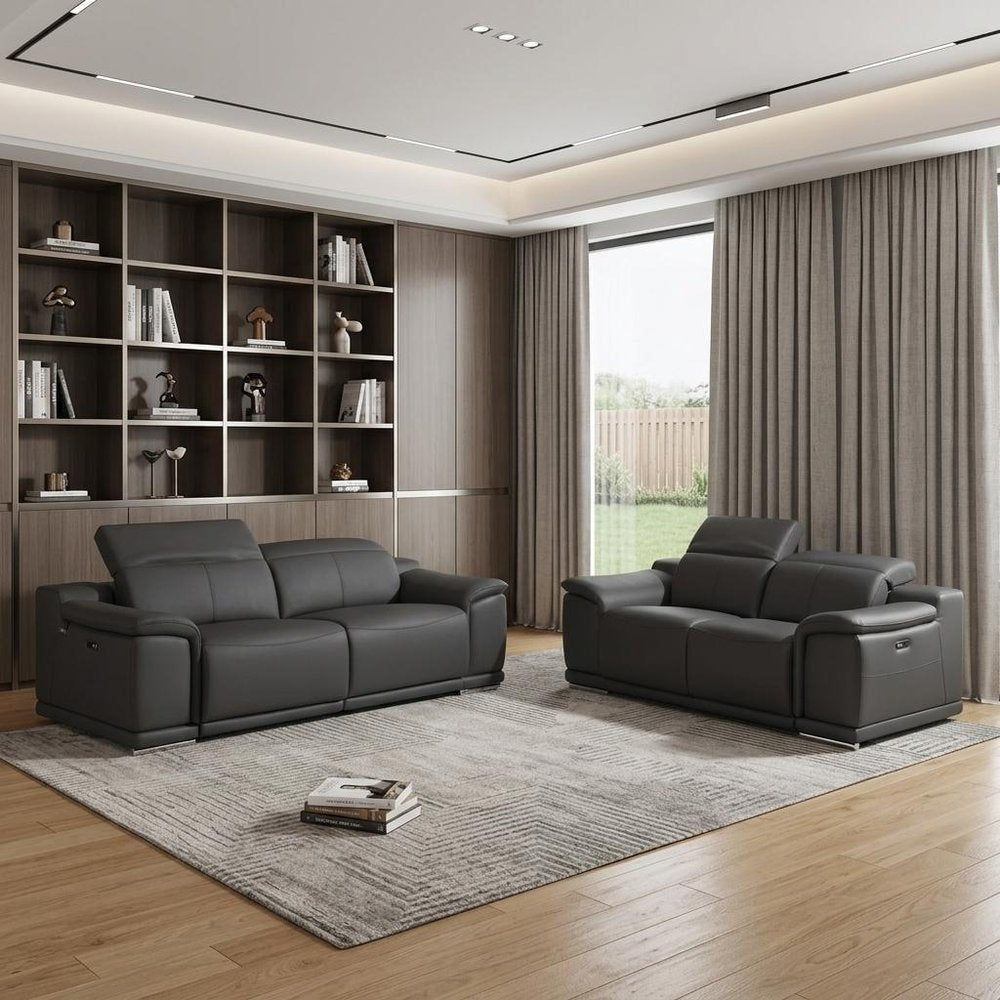 Two Piece Indoor Dark Gray Italian Leather Five Person Seating Set - 39.4" H x 85.8" W x 42.3" D in a home interior