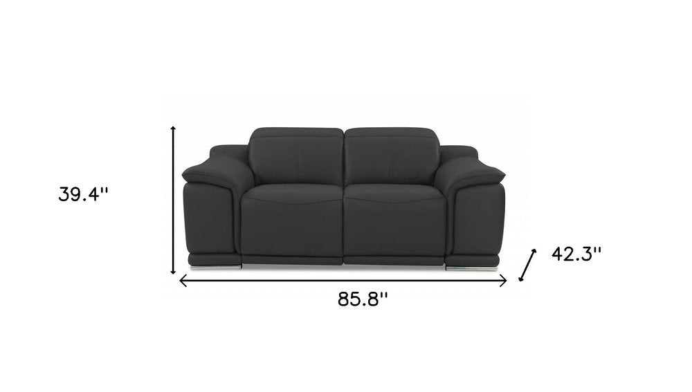 Dark gray Italian leather five-person seating set, 85.8" W x 39.4" H x 42.3" D, on a white background.