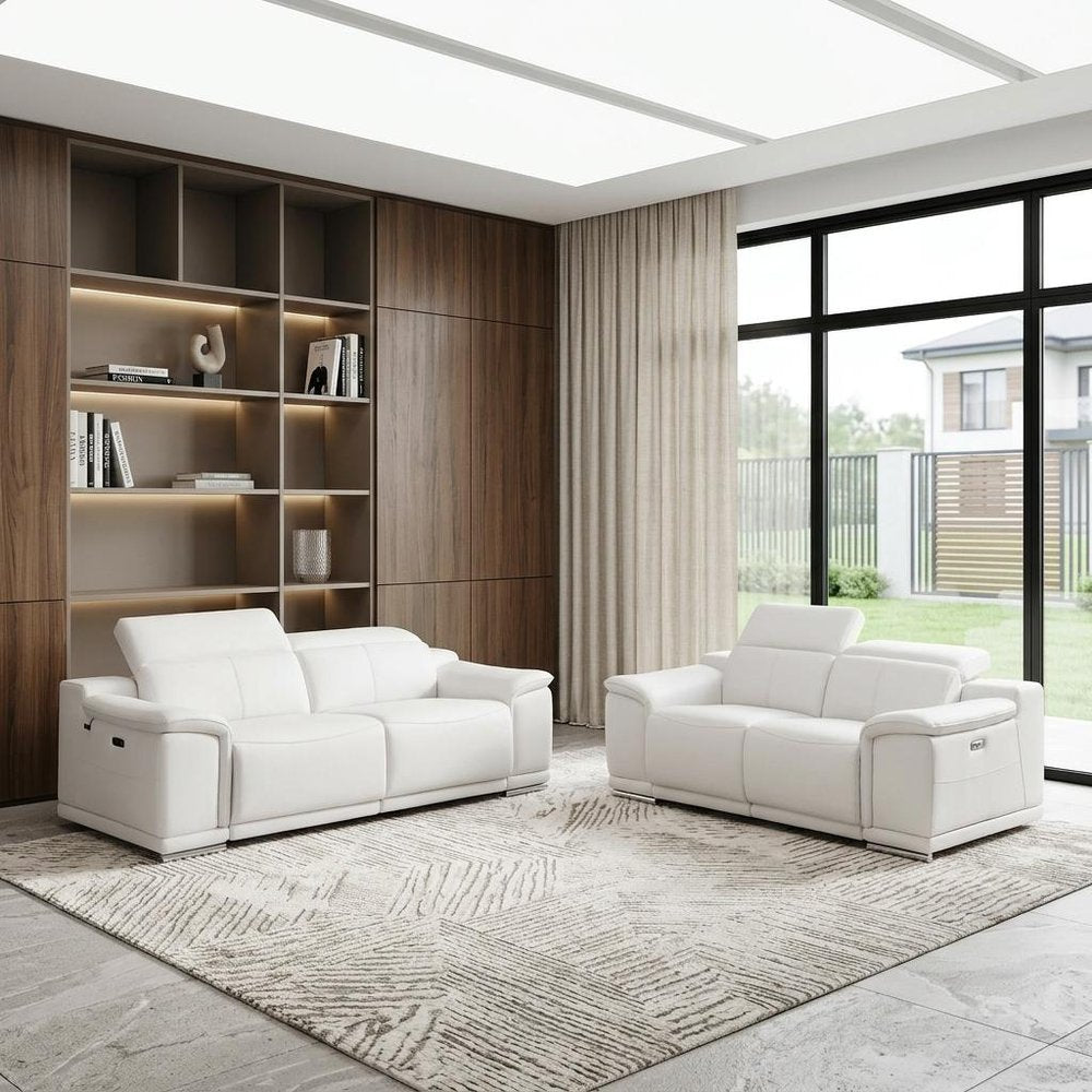Two Piece Indoor White Italian Leather Five Person Seating Set - 39.4" H x 85.8" W x 42.3" D