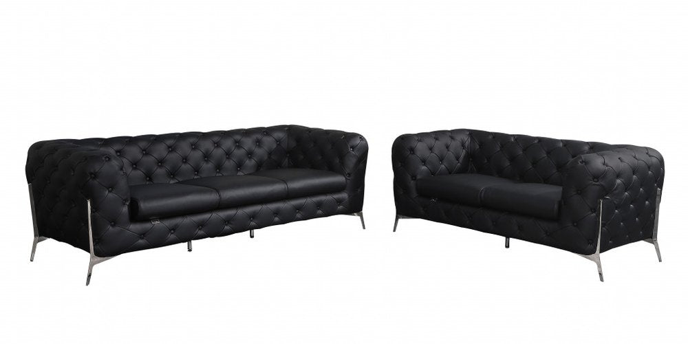 Two Piece Indoor Black Italian Leather Five Person Seating Set - 30.5" H x 93" W x 38" D on a white background