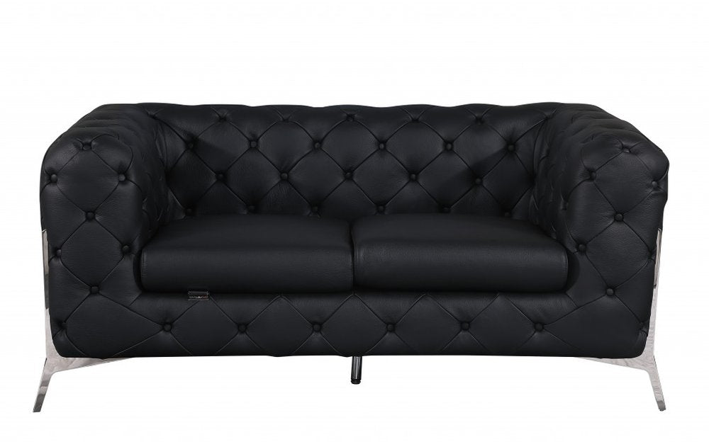 Two Piece Indoor Black Italian Leather Five Person Seating Set - 30.5" H x 93" W x 38" D on a white background