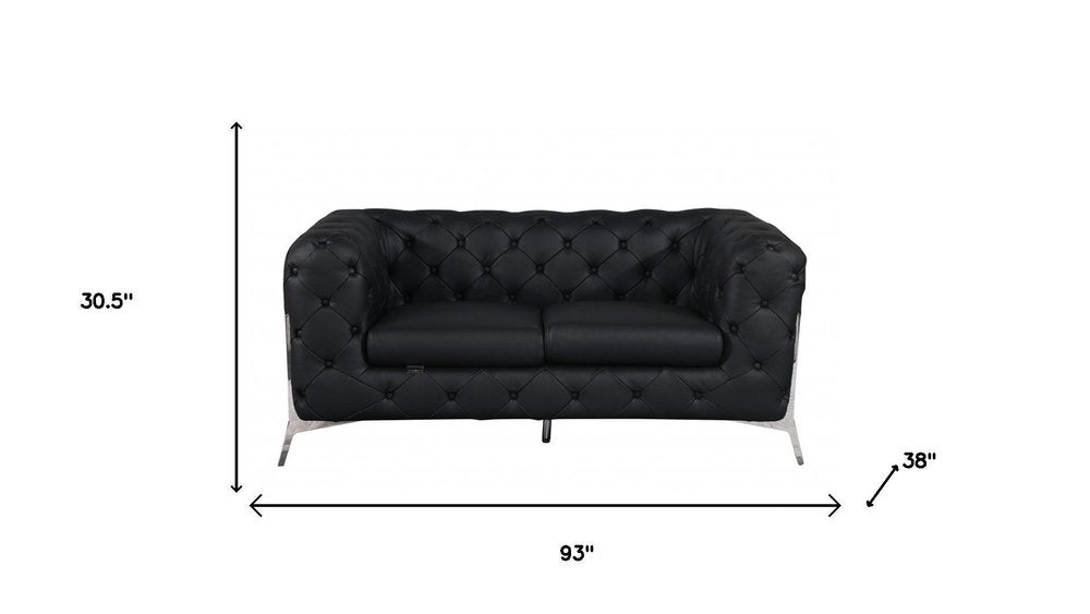 Two Piece Indoor Black Italian Leather Five Person Seating Set - 30.5" H x 93" W x 38" D on a white background