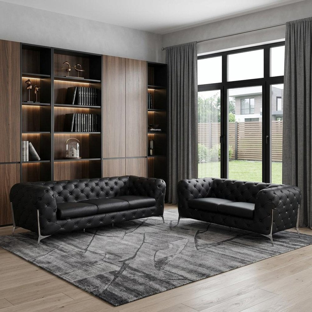 Two Piece Indoor Black Italian Leather Five Person Seating Set - 30.5" H x 93" W x 38" D in a home interior