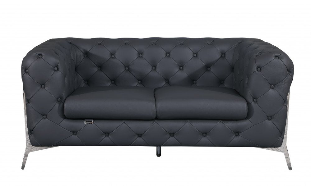 Two Piece Indoor Dark Gray Italian Leather Five Person Seating Set - 30.5" H x 93" W x 38" D on a white background