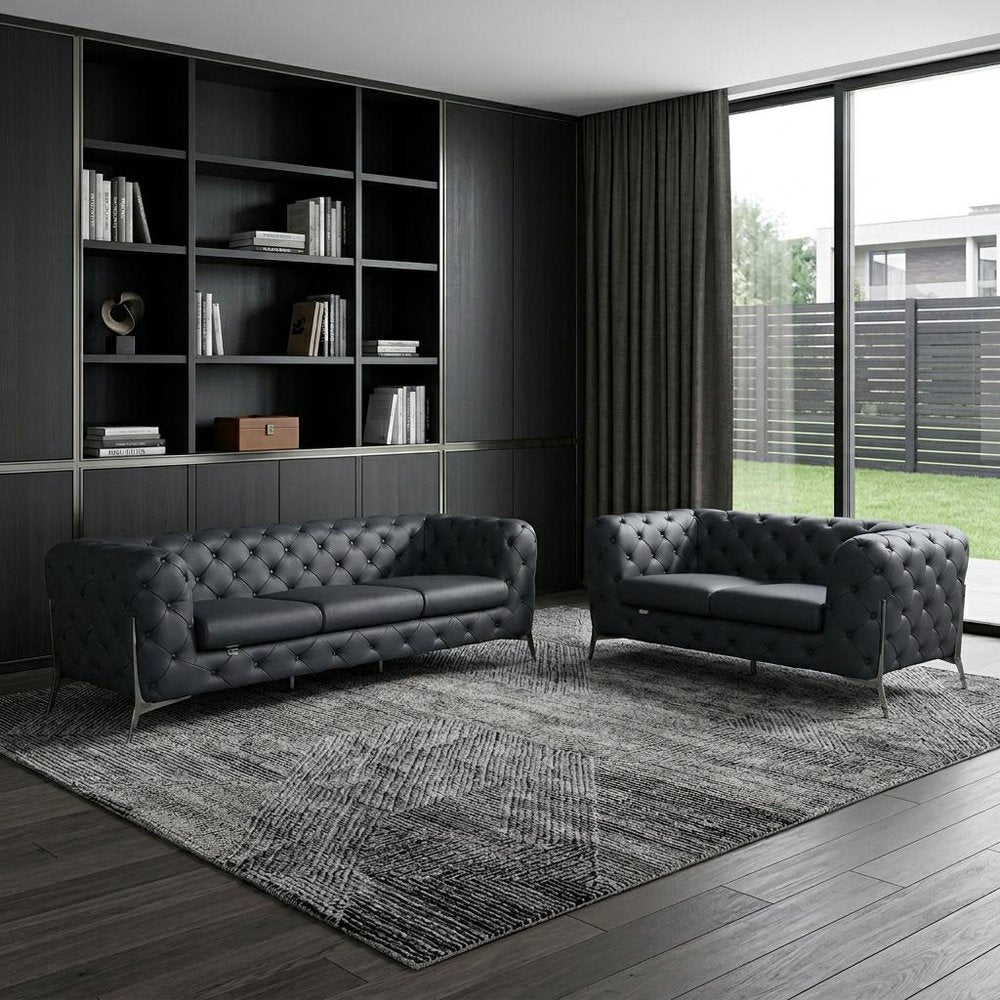 Two Piece Indoor Dark Gray Italian Leather Five Person Seating Set - 30.5" H x 93" W x 38" D