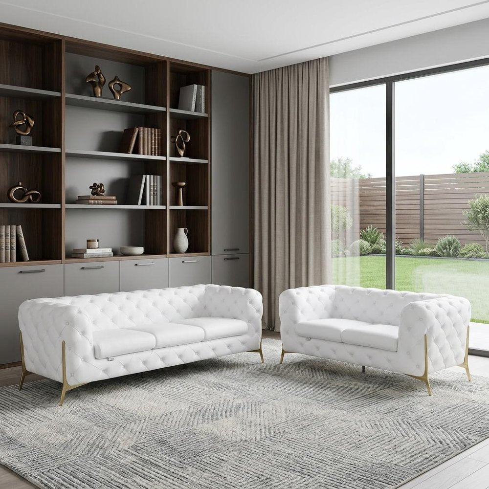 Two Piece Indoor White Italian Leather Five Person Seating Set - 30.5" H x 93" W x 38" D
