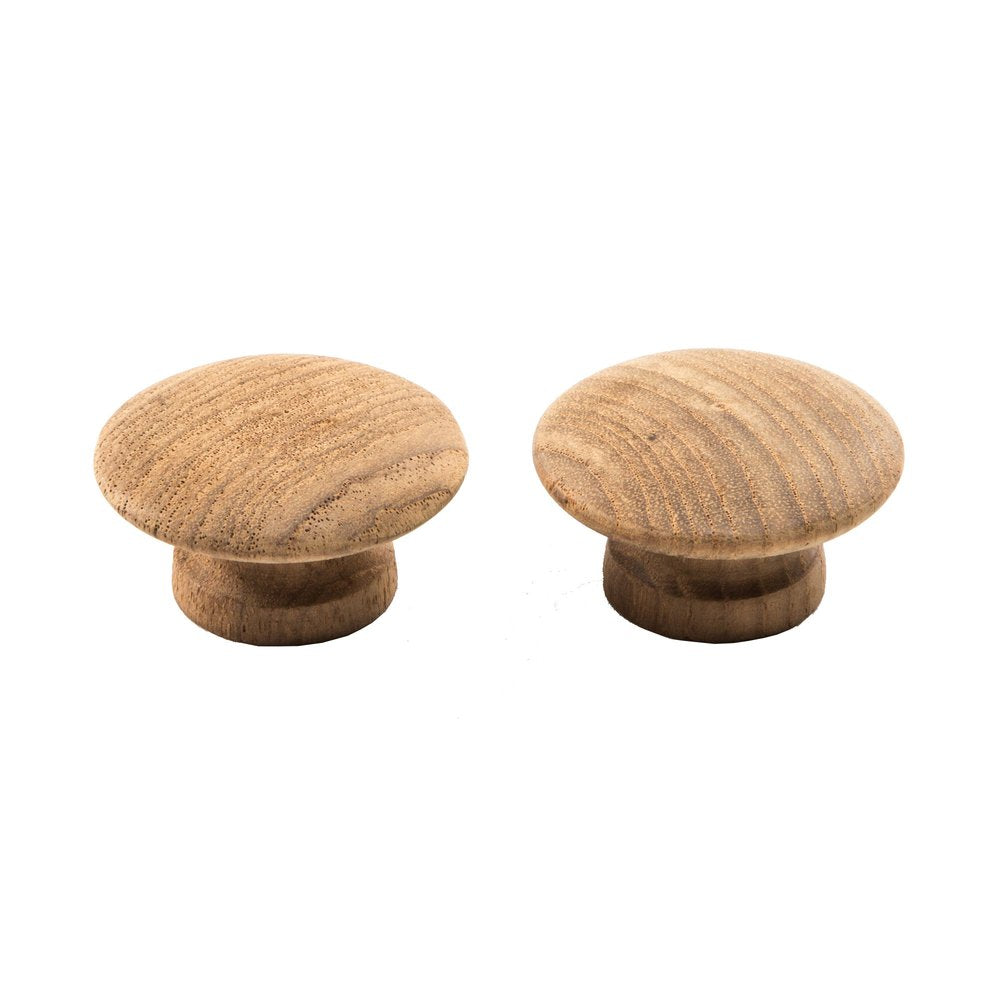 Set of Two Brown Wood Classic Round Drawer Pull Knobs on a white background