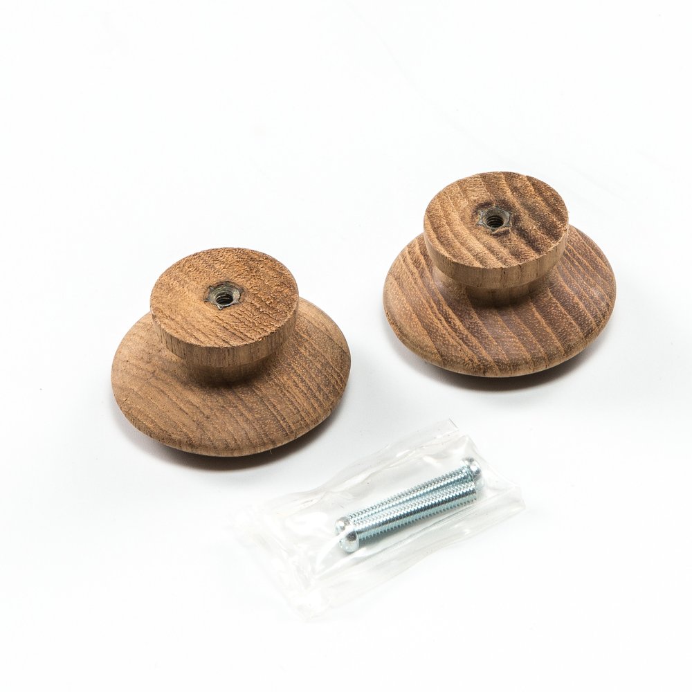 Set of Two Brown Wood Classic Round Drawer Pull Knobs on a white background