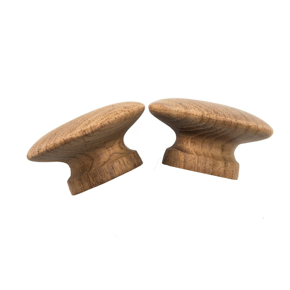 Set of Two Brown Wood Classic Round Drawer Pull Knobs on a white background