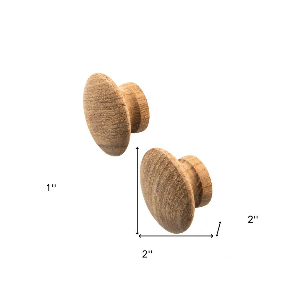 Set of Two Brown Wood Classic Round Drawer Pull Knobs on a white background