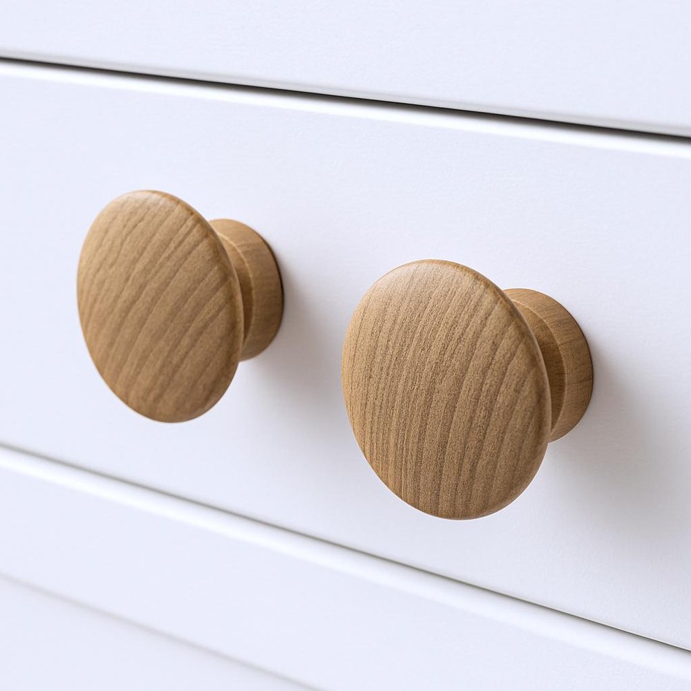 Set of Two Brown Wood Classic Round Drawer Pull Knobs on a white background