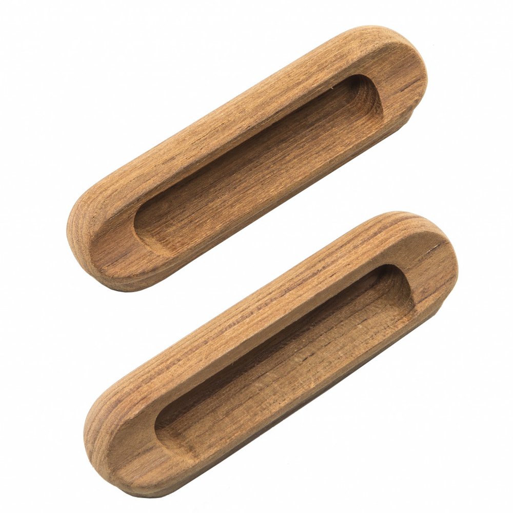 Set of Two Brown Teak Wood Drawer Pull Knobs on a white background