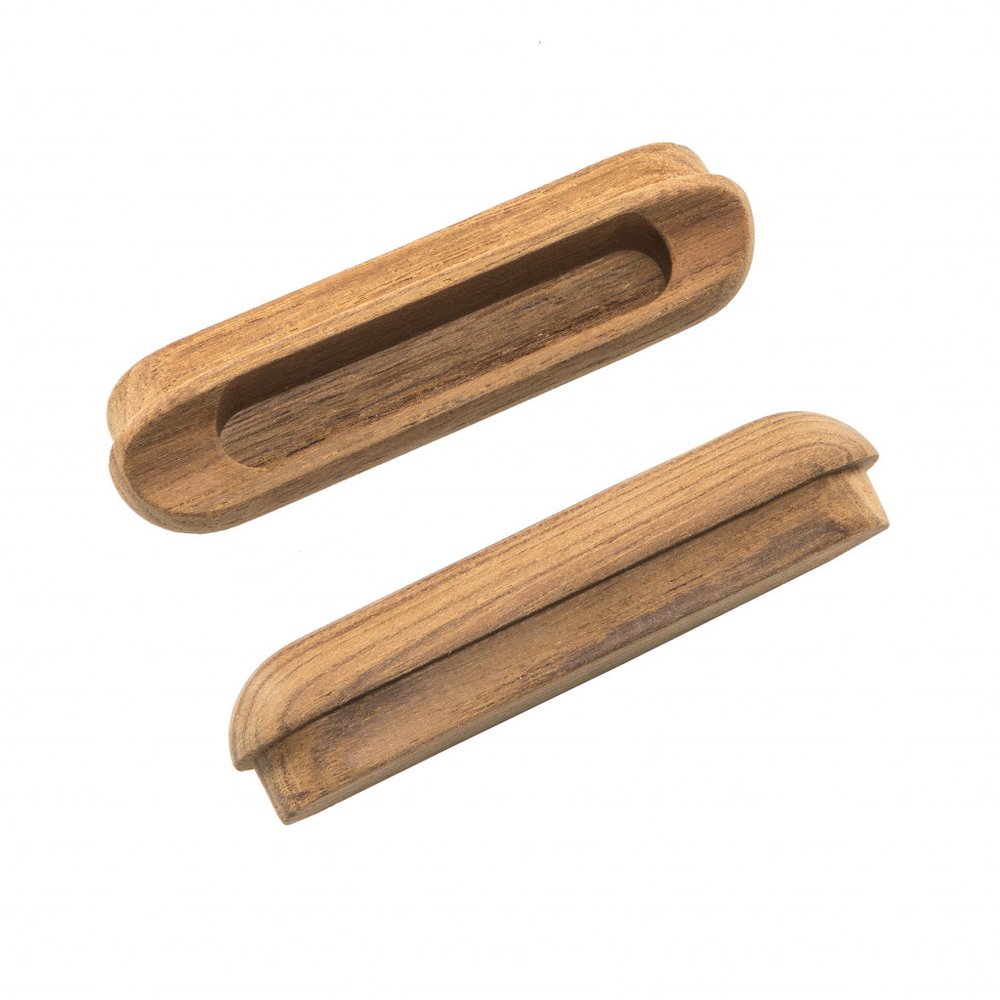 Set of Two Brown Teak Wood Drawer Pull Knobs on a white background