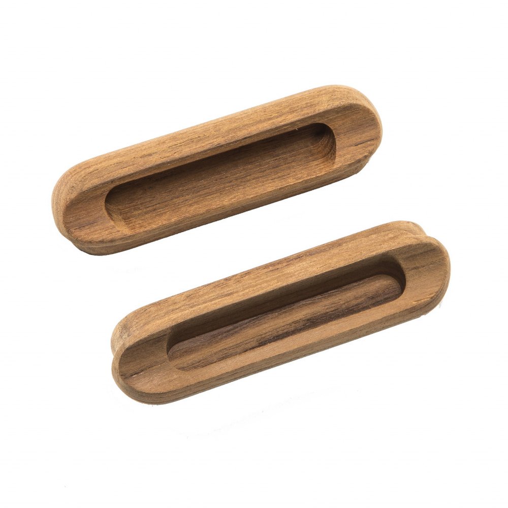 Set of Two Brown Teak Wood Drawer Pull Knobs on a white background