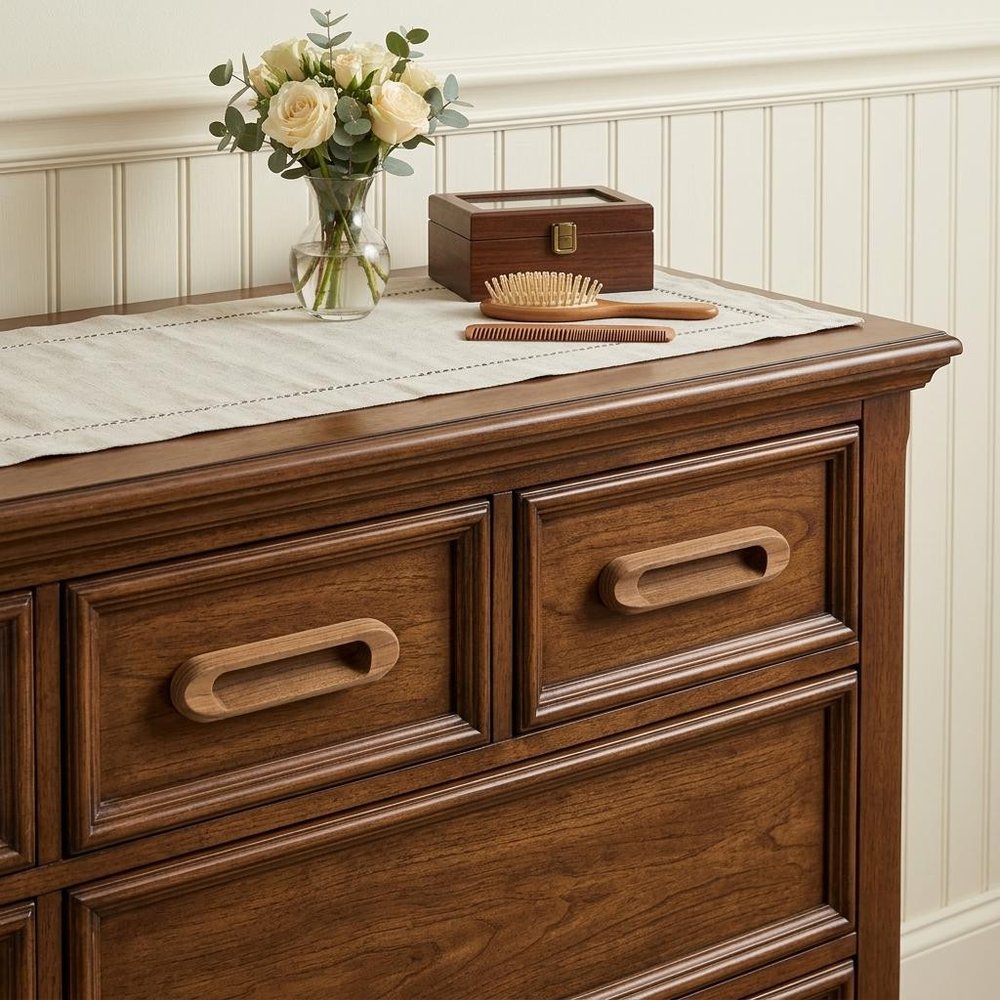 Set of Two Brown Teak Wood Drawer Pull Knobs in a home interior